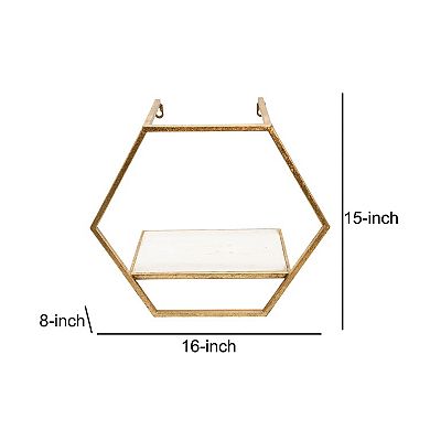 Hexagon Shaped Metal and Wooden Shelf, Set of 3, Gold