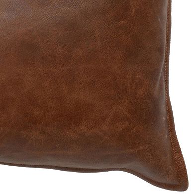 Leatherette Throw Pillow with Stitched Details and Flanged Edges, Brown