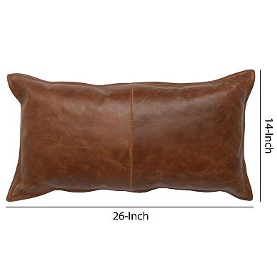 Leatherette Throw Pillow with Stitched Details and Flanged Edges, Brown