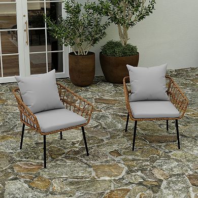 Merrick Lane Armon Set of Two Indoor/Outdoor Boho Style Open Weave Rattan Rope Patio Chairs with Cushions