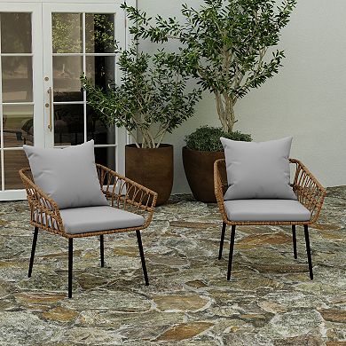 Merrick Lane Armon Set of Two Indoor/Outdoor Boho Style Open Weave Rattan Rope Patio Chairs with Cushions