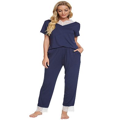 Womens Sleepwear V-Neck with Lace Nightwear with Pants Loungewear Pajama Set