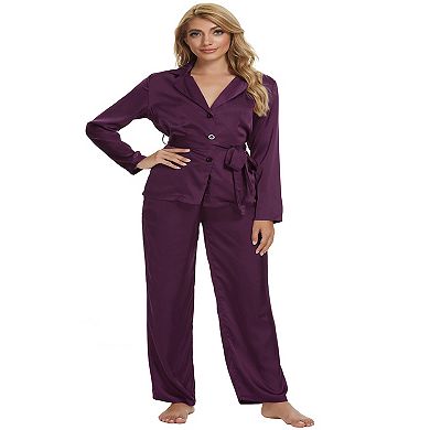 Womens Sleepwear V-Neck Tops with Belt Nightwear with Pants Loungewear Pajama Set