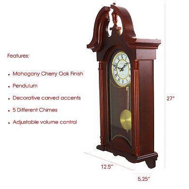 Bedford Clock Collection 26.5 Inch Chiming Pendulum Wall Clock in Colonial Mahogany Cherry Oak Finish