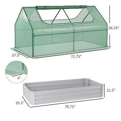 Outsunny Galvanized Raised Garden Bed with Mini Greenhouse Cover, Outdoor Metal Planter Box with 2 Roll-Up Windows for Growing Flowers, Fruits, Vegetables, and Herbs, 73" x 38" x 36", Green