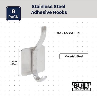 6 Pack Double Post Adhesive Wall Hooks, Heavy Duty Stainless Steel for Hanging Towel Coat Hat (3.6 in)