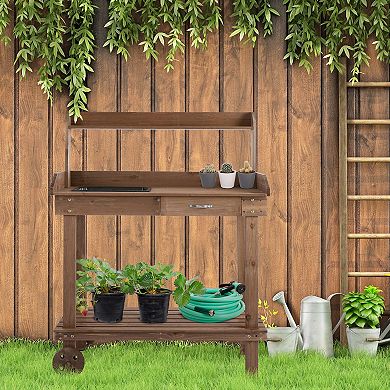 Outdoor Wood Planting Workstation Potting Bench Table W/ Large Storage Spaces