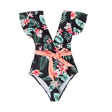 Women's CUPSHE Tropical Floral Print V-Neck Ruffle Sleeve Tie Ribbon Waist One-Piece Swimsuit