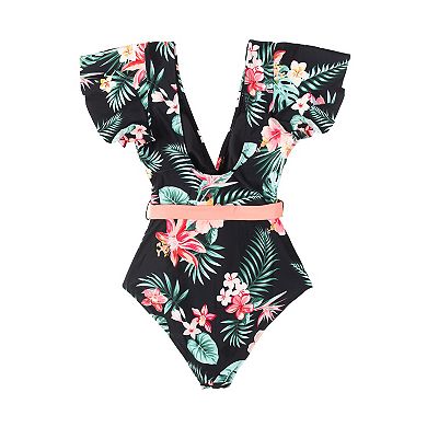 Women's CUPSHE Tropical Floral Print V-Neck Ruffle Sleeve Tie Ribbon Waist One-Piece Swimsuit