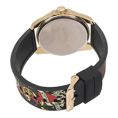Ed Hardy Men's Gold-Tone and Multicolor Print Skull Watch