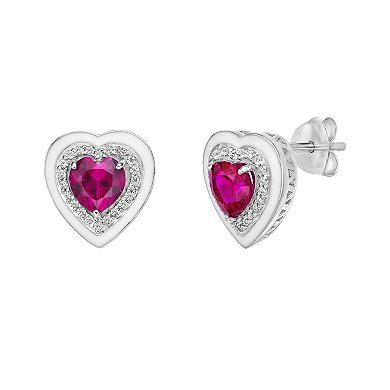 Gemminded Lab-Created Ruby & Lab-Created White Sapphire Heart Stud Earrings