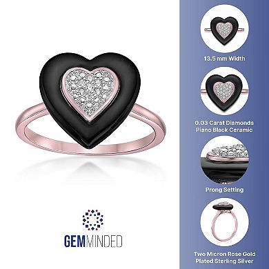 Gemminded 2 Micron 18k Rose Gold Plated Sterling Silver Diamond Accent Black Ceramic Heart Ring