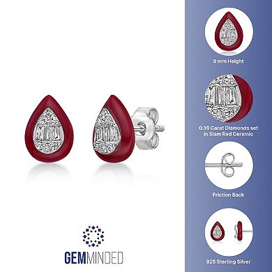 Gemminded Sterling Silver 1/6 Carat T.W. Diamond Red Ceramic Teardrop Stud Earrings