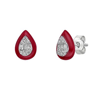 Gemminded Sterling Silver 1/6 Carat T.W. Diamond Red Ceramic Teardrop Stud Earrings