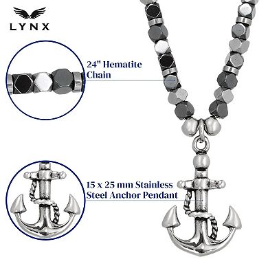 Men's LYNX Black Ion-Plated Stainless Steel & Hematite Bead Chain Anchor Pendant Necklace