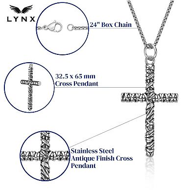 Men's LYNX Antiqued Finish Stainless Steel Cross Pendant Necklace