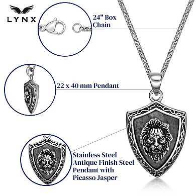 Men's LYNX Stainless Steel Picasso Jasper Lion's Head Pendant Necklace
