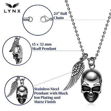 Men's LYNX Black ion-Plated Stainless Steel Skull & Wing Pendant Necklace