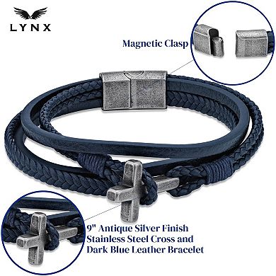 LYNX Men's Antiqued Stainless Steel Multi Blue Leather Bracelet