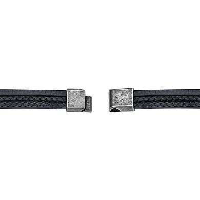 LYNX Men's Antiqued Stainless Steel Multistrand Black Leather Bracelet