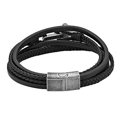 LYNX Men's Antiqued Stainless Steel Multistrand Black Leather Bracelet