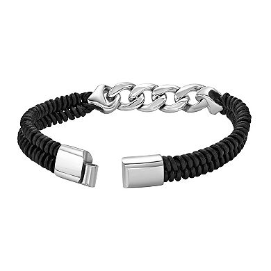 LYNX Men's Stainless Steel Curb Chain & Black Leather Bracelet