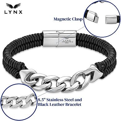 LYNX Men's Stainless Steel Curb Chain & Black Leather Bracelet