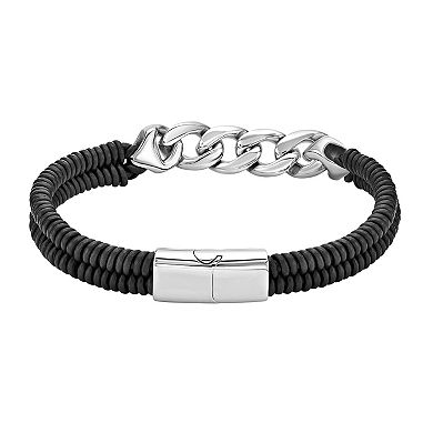 LYNX Men's Stainless Steel Curb Chain & Black Leather Bracelet