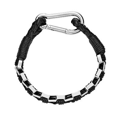 LYNX Men's Stainless Steel Black Leather Bracelet