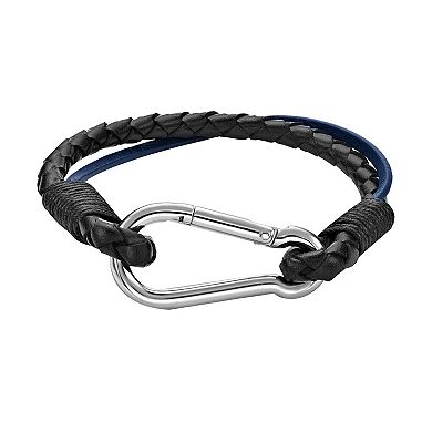 LYNX Men's Stainless Steel Black & Blue Leather Double Strand Bracelet