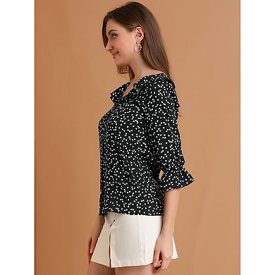 Women's Ruffle Lapel Collar Heart Print Button Down Elbow Sleeve Shirt