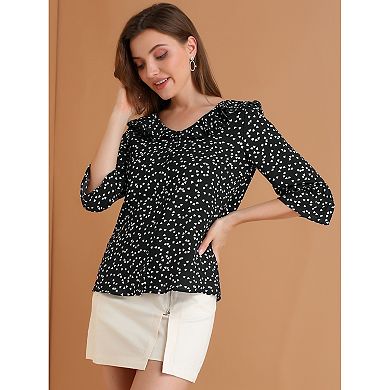 Women's Ruffle Lapel Collar Heart Print Button Down Elbow Sleeve Shirt