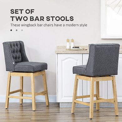 Set Of 2 Bar Height Stools, 28" W/ Swivel & Wooden Legs For Kitchen, Grey