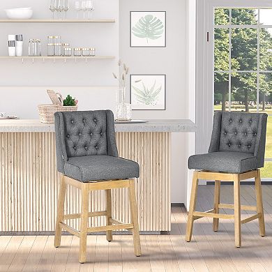 Set Of 2 Bar Height Stools, 28" W/ Swivel & Wooden Legs For Kitchen, Grey