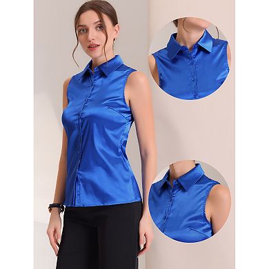 Satin Work Blouses for Women's Collar Sleeveless Button Down Shirts