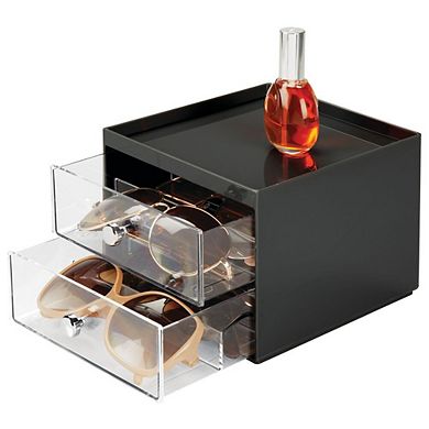 mDesign Plastic Organizer Box, 2 Drawers for Glasses, Accessories - Black/Clear
