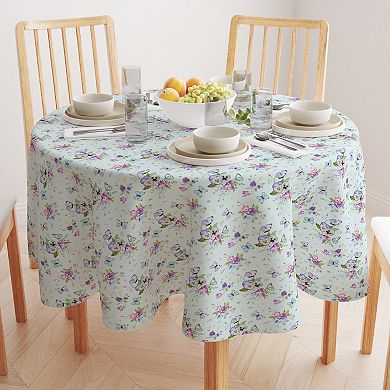 Round Tablecloth, 100% Cotton, 60 Round", Blooming Flowers and Butterflies