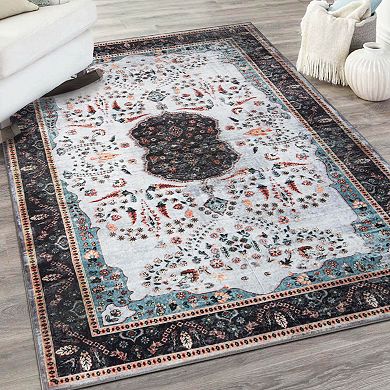 SUPERIOR Floral Pattern Bordered Washable Area Rug