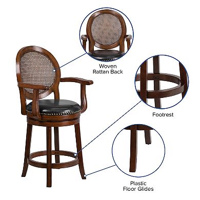 Merrick Lane Mathieu Swivel Stool with Oval Rattan Back, Arms and Upholstered Swivel Seat