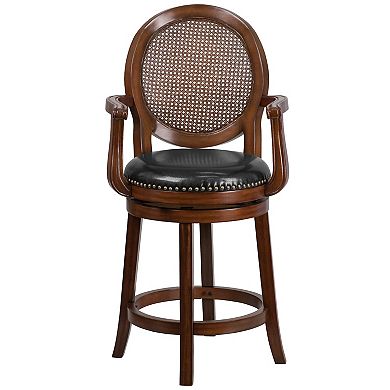 Merrick Lane Mathieu Swivel Stool with Oval Rattan Back, Arms and Upholstered Swivel Seat