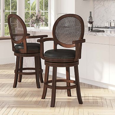 Merrick Lane Mathieu Swivel Stool with Oval Rattan Back, Arms and Upholstered Swivel Seat