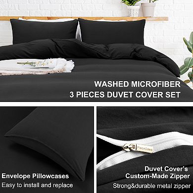 Washed Brushed Microfiber Soft Duvet Cover Set 3 Pieces, Full