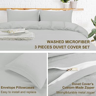 3 Pcs Duvet Cover Set Washed Brushed Microfiber Soft Twin