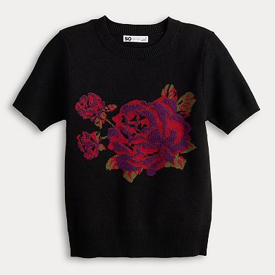 Juniors' SO® Cropped Short Sleeve Rose Sweater