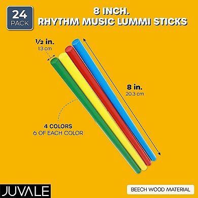 24 Pack Colored Rhythm Sticks for Kids Classroom, Bulk Toddler Music Toys, Percussion Instruments (8 In, 4 Colors)