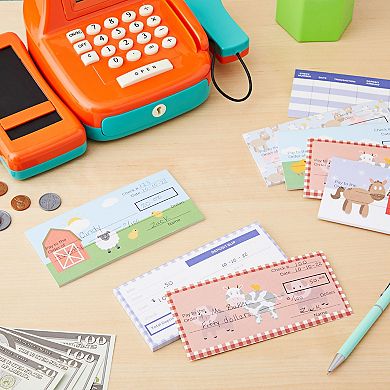 Kids Checkbook Set - Play Check Educational Toy - Financial Literacy for Kids, Farm Animals Themed Design, Including Checkbook, Deposit Slip, Check Register, 150 Sheets in Total, 6 x 2.75 Inches