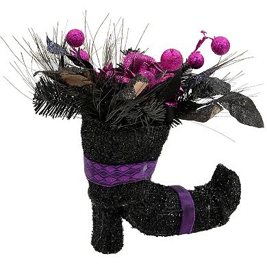 Northlight Black Witch's Boot with Purple Glitter Roses Halloween Decor