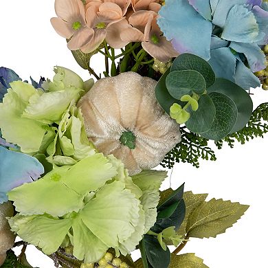 Northlight Green and Blue Floral and Gourds Thanksgiving Artificial Wreath 22-in.