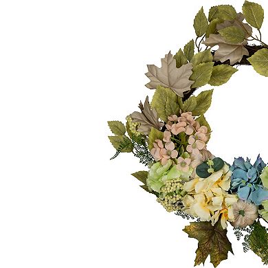 Northlight Green and Blue Floral and Gourds Thanksgiving Artificial Wreath 22-in.