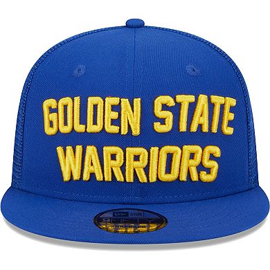 Men's New Era Royal Golden State Warriors Stacked Script 9FIFTY Trucker Snapback Hat